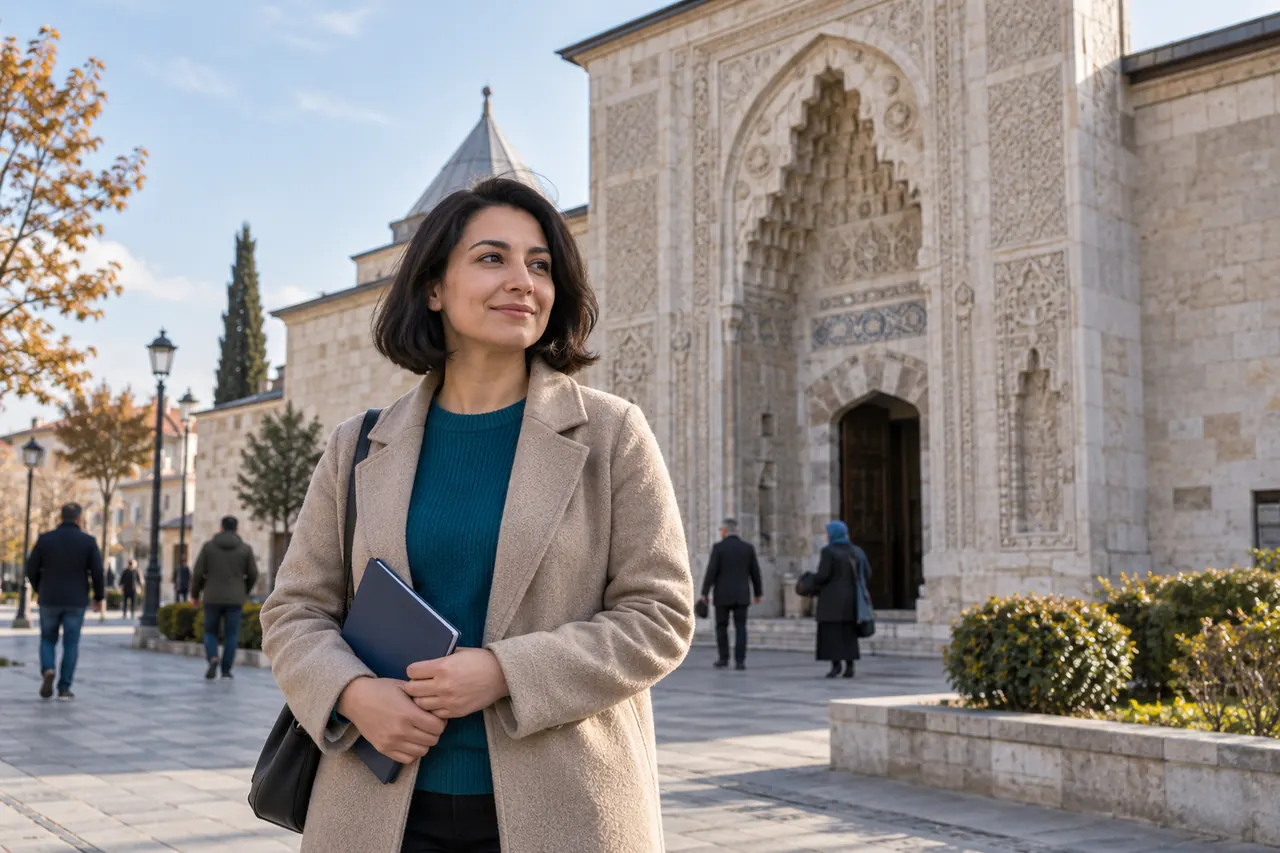امرأة تحمل ملفاً مغلقاً قرب المدخل الحجري المزخرف لمدرسة قراطاي التاريخية في قونية.