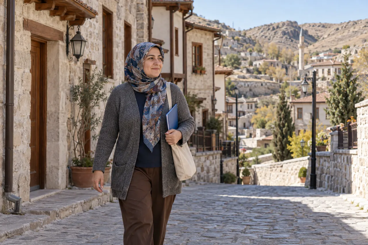 Eine Frau mit einem geschlossenen Ordner geht durch eine Gasse zwischen den beigen Steinhäusern von Sille in Konya.