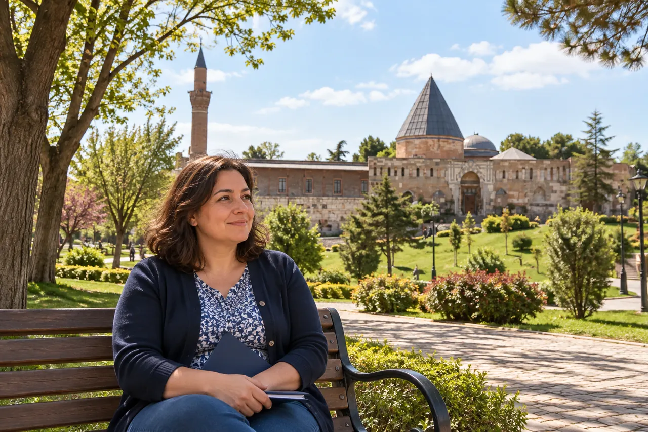 A woman with a closed folder sits on a bench at Alaaddin Hill Park in Konya, with its low historic mosque in the background.