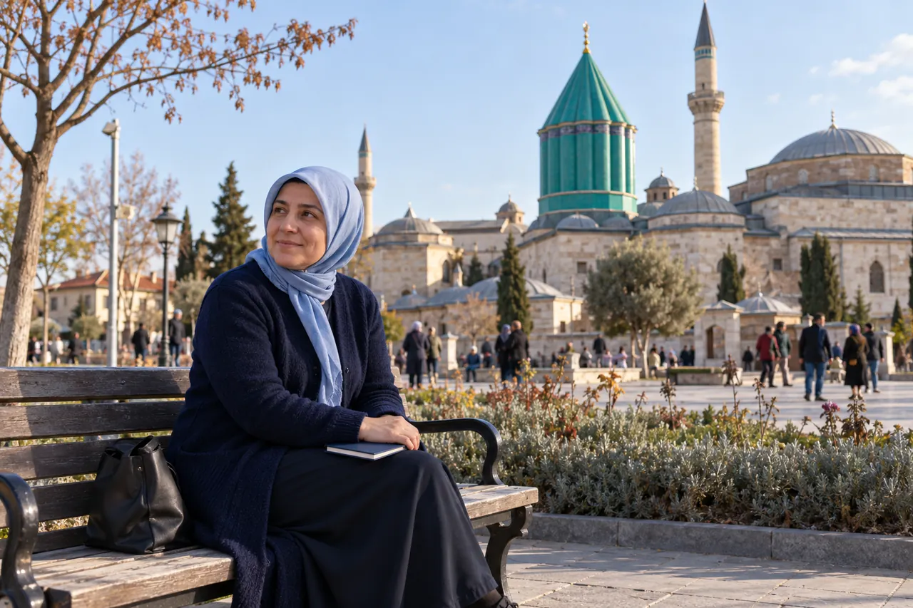 Una mujer con un cuaderno cerrado descansa cerca de la plaza de Mevlana en Konya, con el tejado cónico verde del museo al fondo.