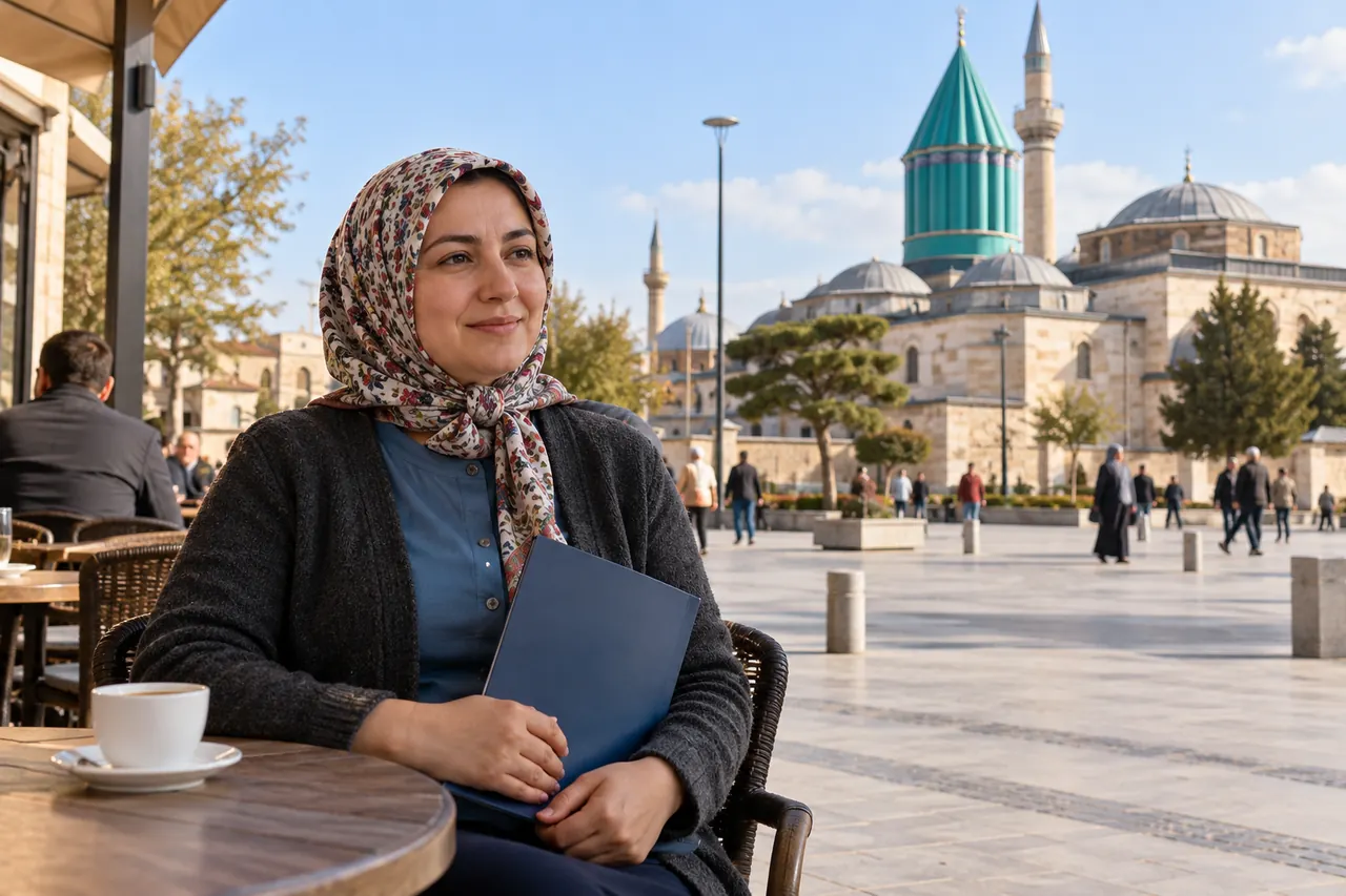 Konya Mevlânâ Meydanı yakınında başörtülü bir kadın, kapalı dosyasıyla açık hava masasında oturuyor.