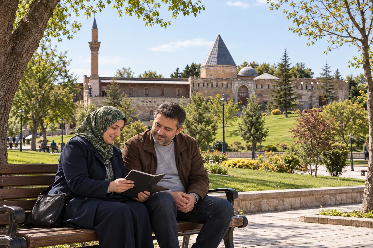 Ein erwachsenes Paar sitzt auf einer Bank am Alaaddin-Hügel in Konya, mit der historischen Moschee im Hintergrund.