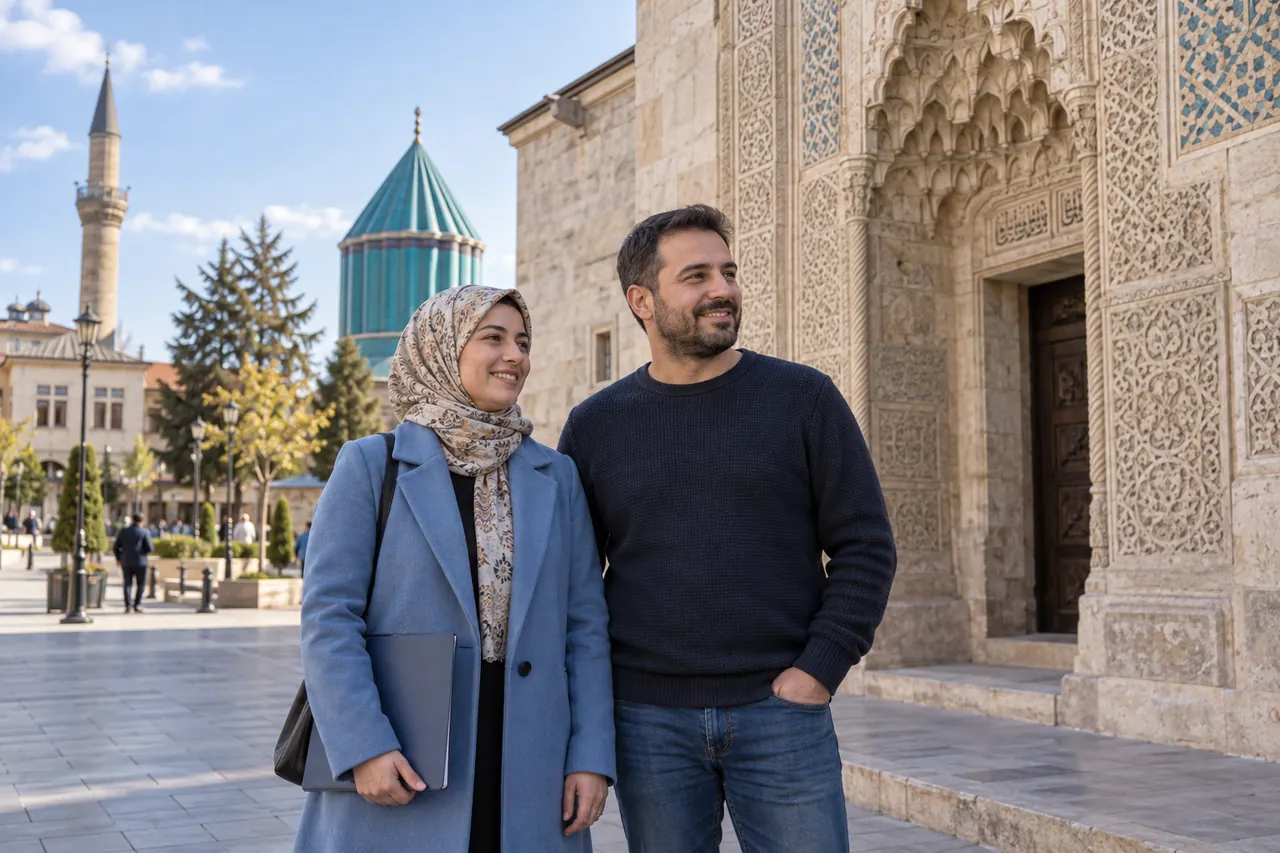 Una pareja adulta con una carpeta cerrada se detiene cerca del portal de piedra tallada de Karatay Medrese en Konya.