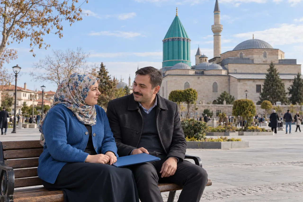 Konya’da Mevlânâ Müzesi’nin yeşil kubbesi arka planda görünürken yetişkin bir çift birlikte oturuyor.